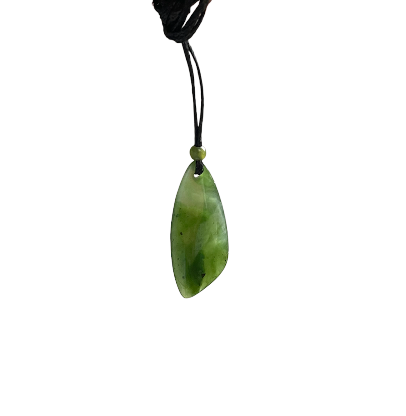 Green teardrop pendant on a black cord with a small bead at the knot above the pendant.