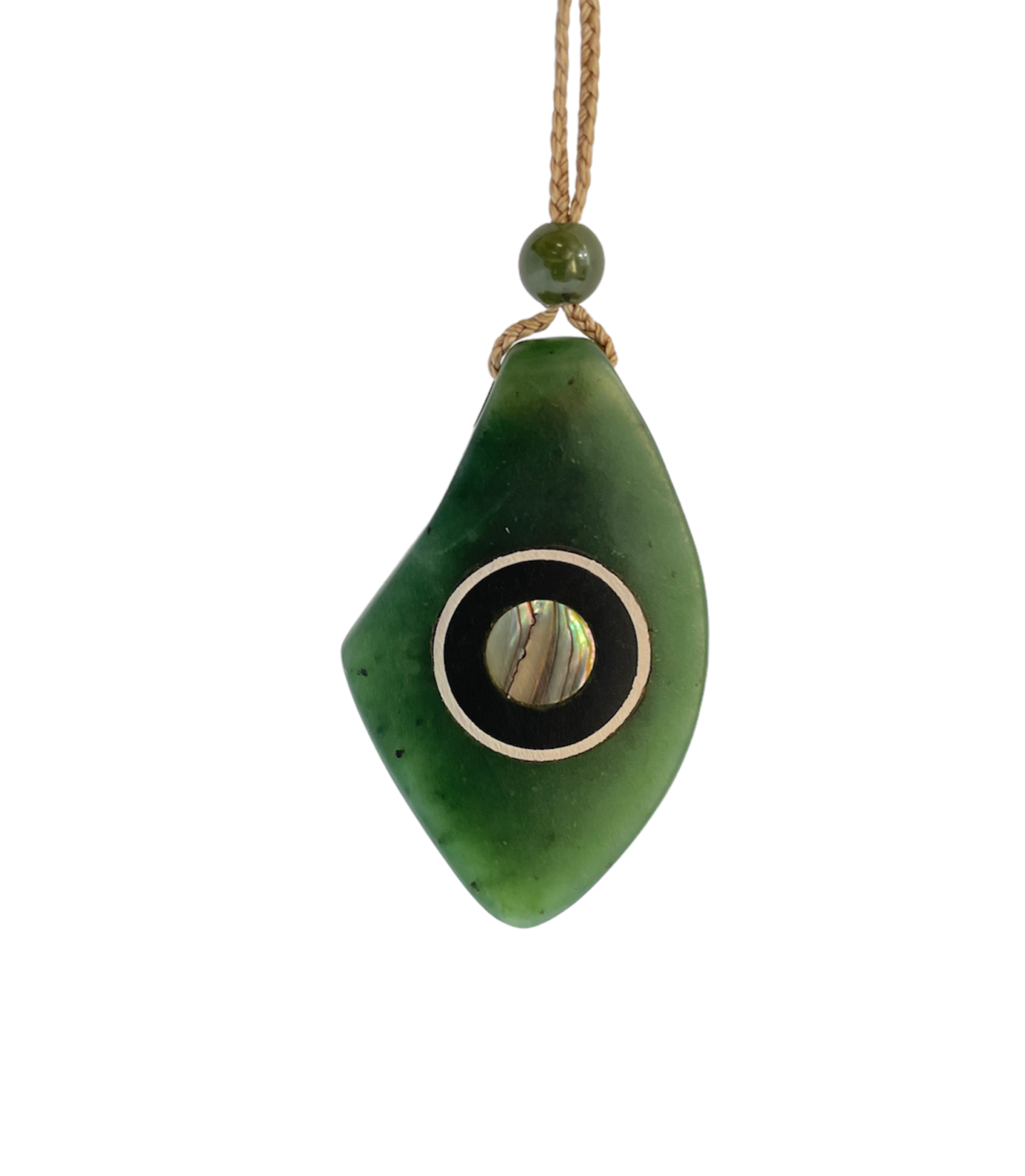 Australia jade teardrop pendant with circular abalone inlay hanging from a tan braided cord