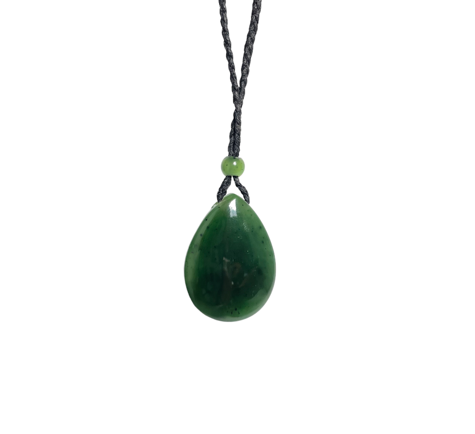 Jade teardrop pendant 23x32mm on a black braided cord with a small green spacer bead
