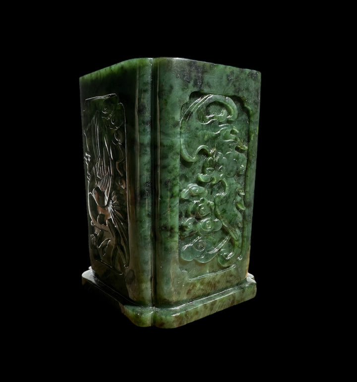 Green jade vase pen holder featuring a detailed floral tree relief on a rectangular block and base