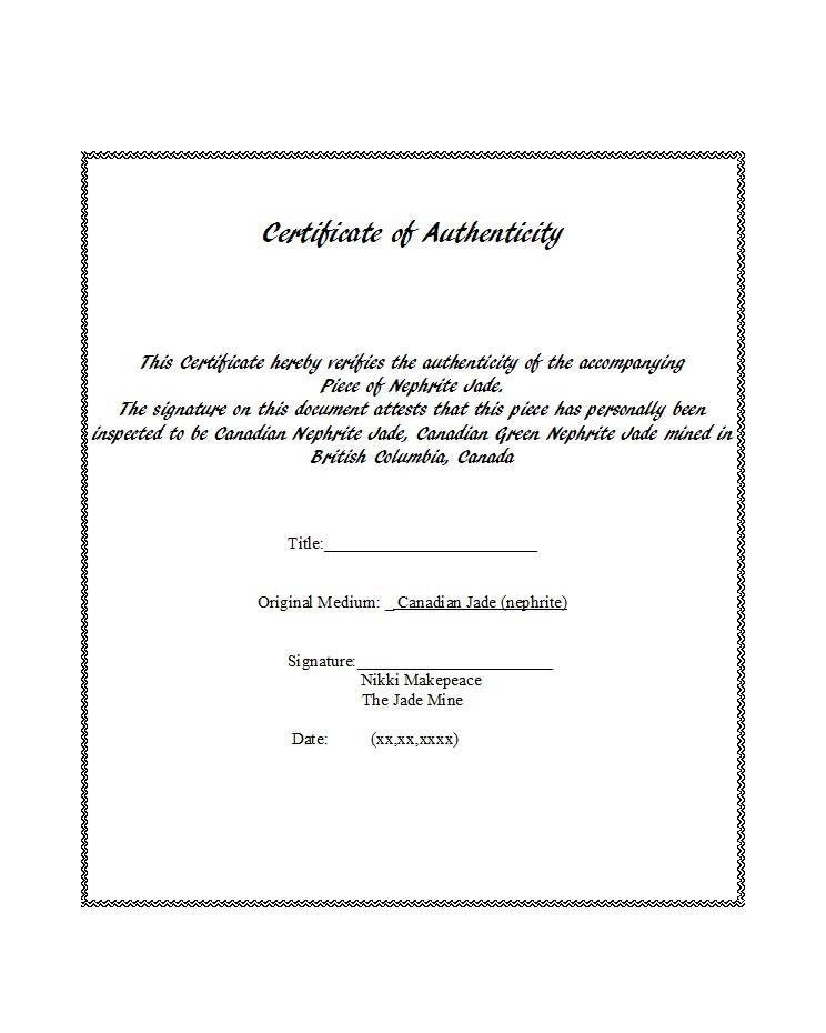 Certificate of Authenticity for Canadian Jade nephrite with a decorative border and fields for title signature and date