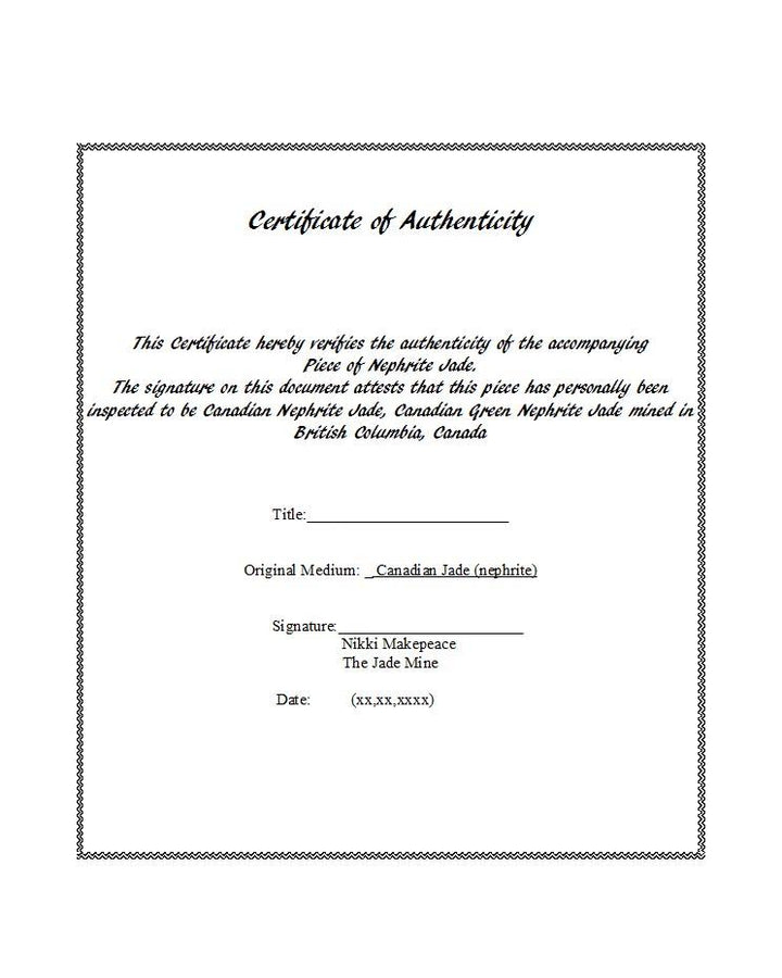 Certificate of Authenticity for Canadian Jade nephrite with a decorative border and fields for title signature and date
