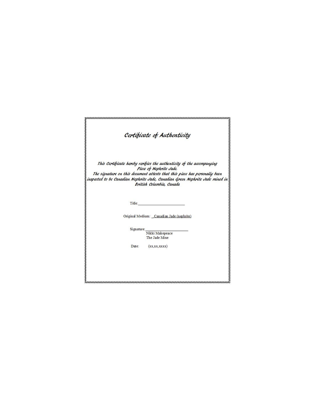 Certificate of Authenticity page for Canadian Jade nephrite with a decorative border and signature area
