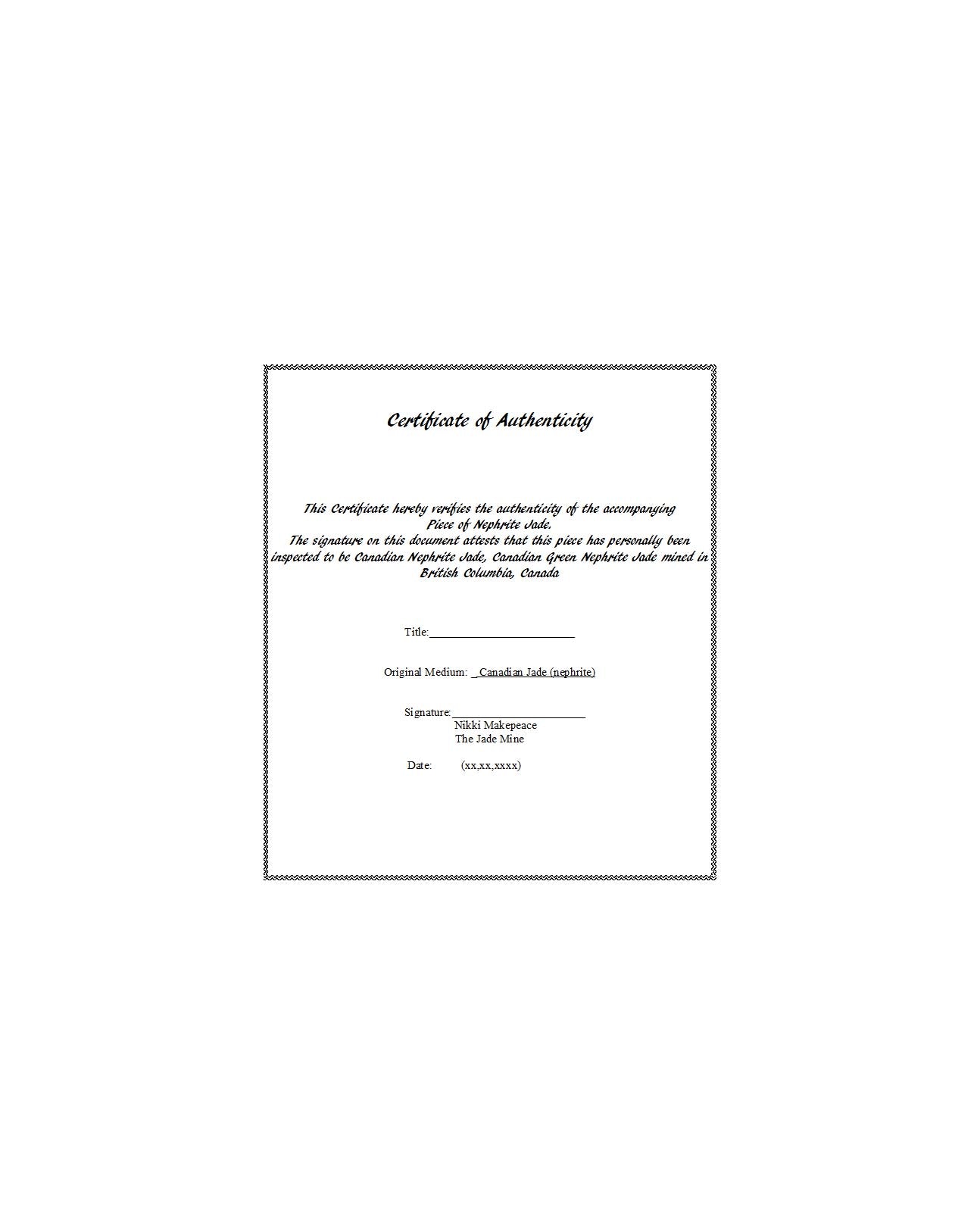 Certificate of Authenticity page for Canadian Jade nephrite with a decorative border and signature area