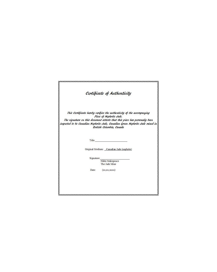 Certificate of Authenticity page for Canadian Jade nephrite with a decorative border and signature area