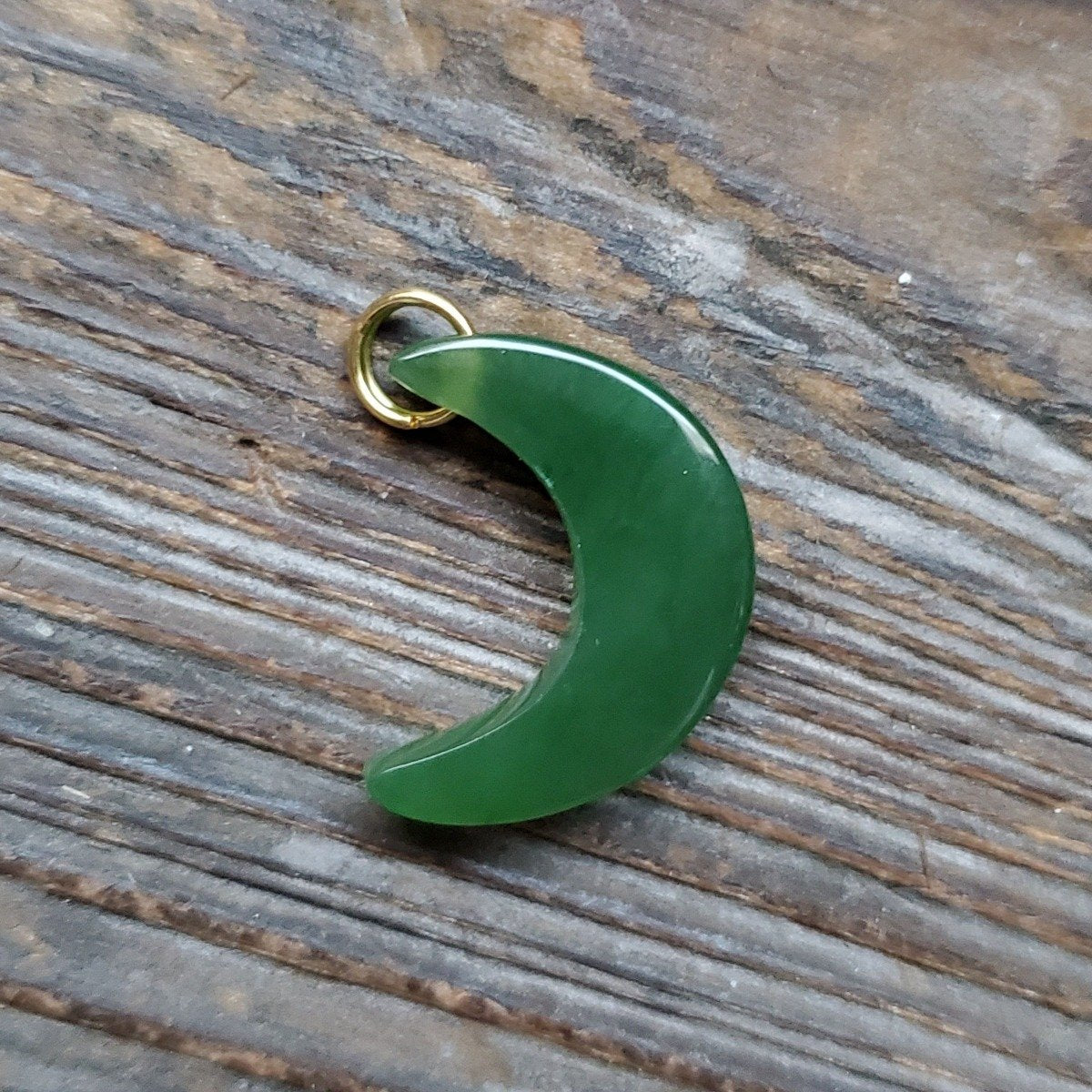 Green crescent moon charm with a gold loop for necklace 16mm.