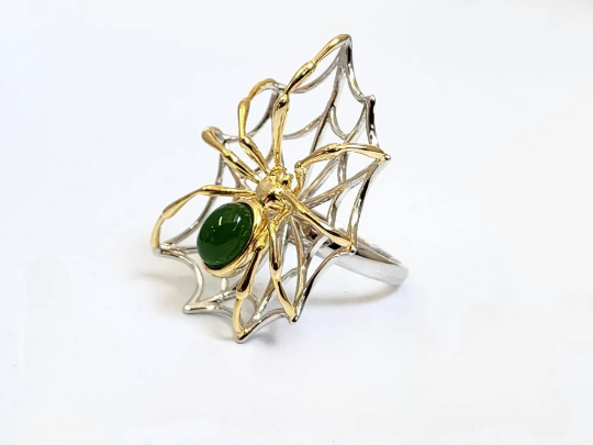 AA Spider Jade Ring in sterling silver with a green jade cabochon shown against a white studio background