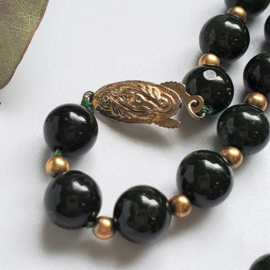 Dark Green Jade Beaded Necklace, 8mm Beads - Canadian Jade