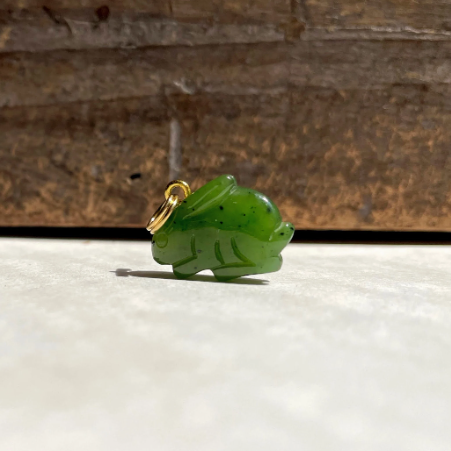Crouching rabbit jade charm with gold loop