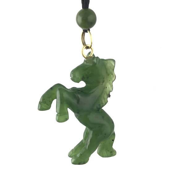 Green Jade Horse Pendant on a cord, white background