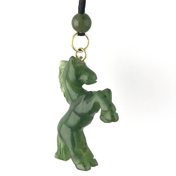 Green Jade Horse Pendant on a black cord rearing, white background