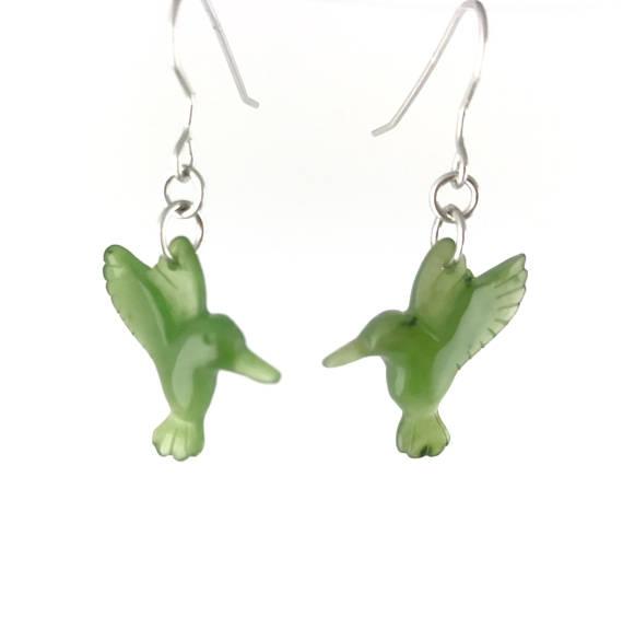 Green hummingbird earrings with silver hooks