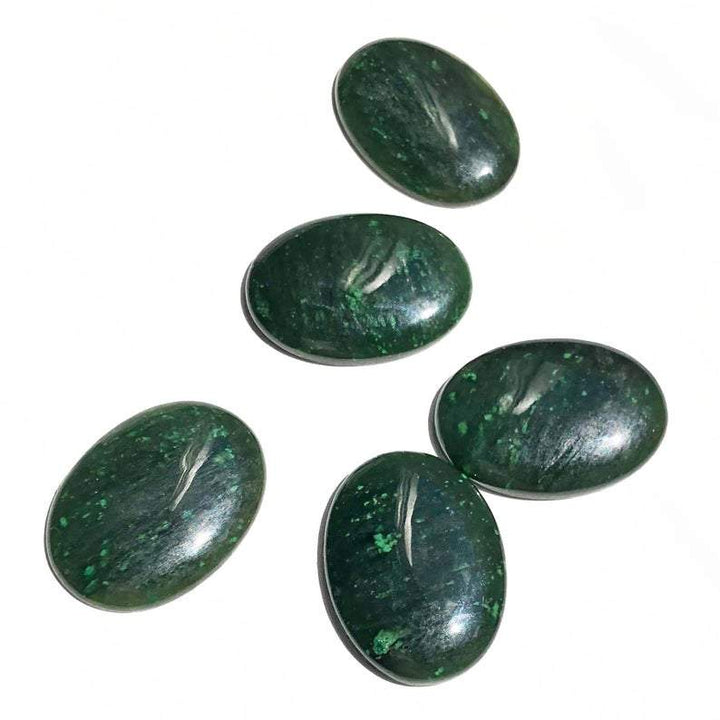 Five dark green oval Cassiar jade cabochons 30x22mm