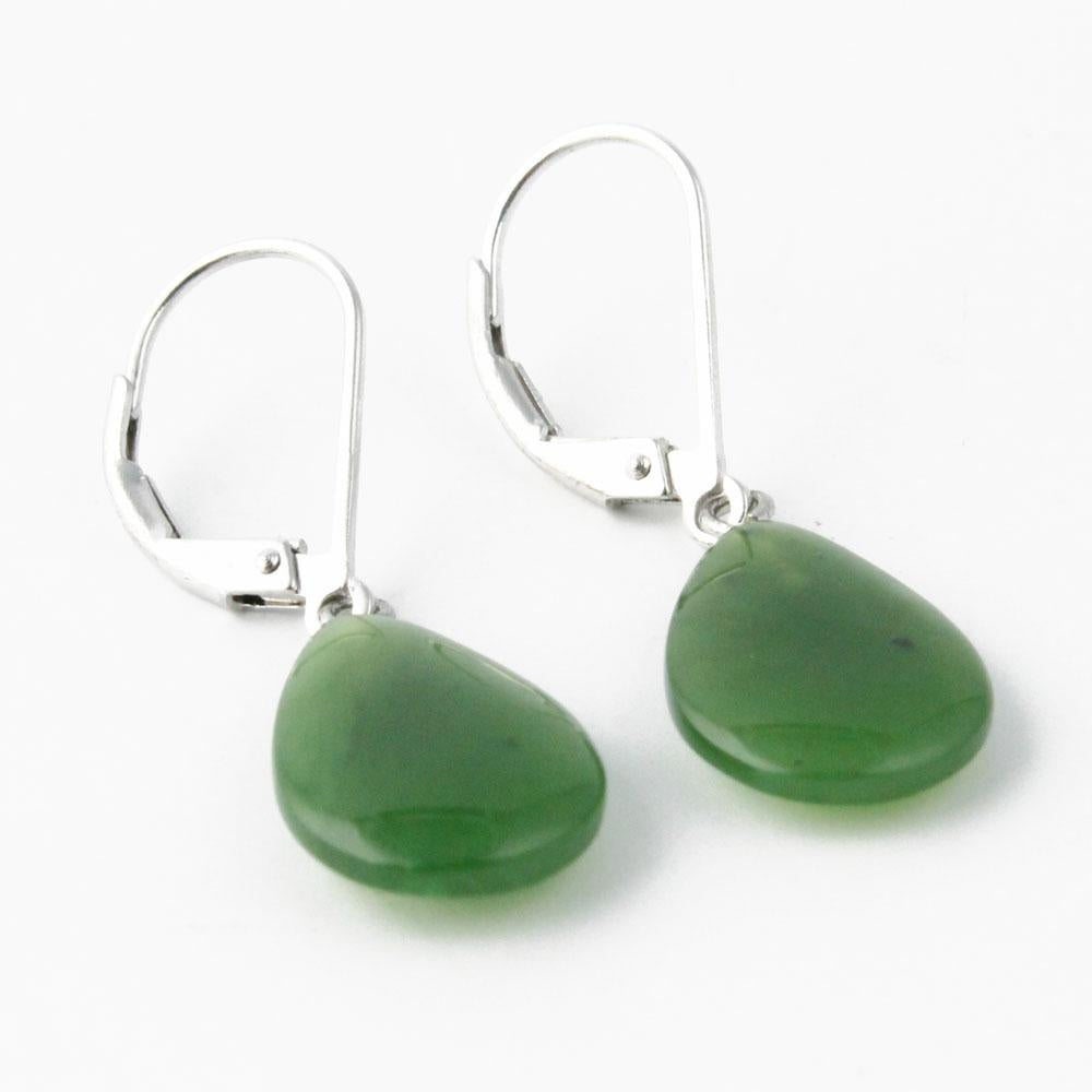 Silver-tone leverback earrings with teardrop green jade drops
