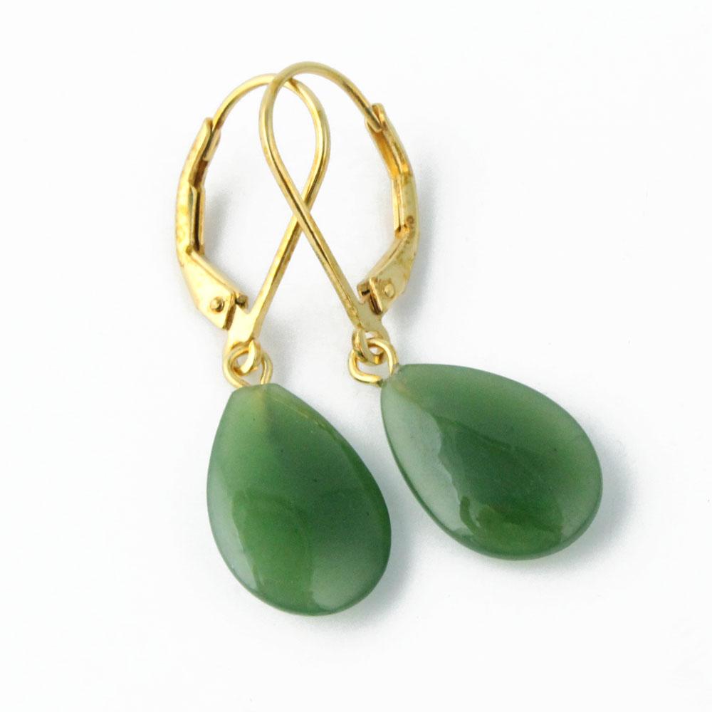 Gold-tone leverback earrings with teardrop green jade drops