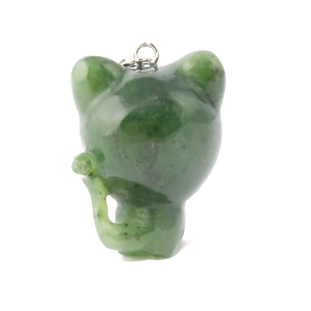 Green jade cartoon cat charm with gold loop on top shown against a white background.