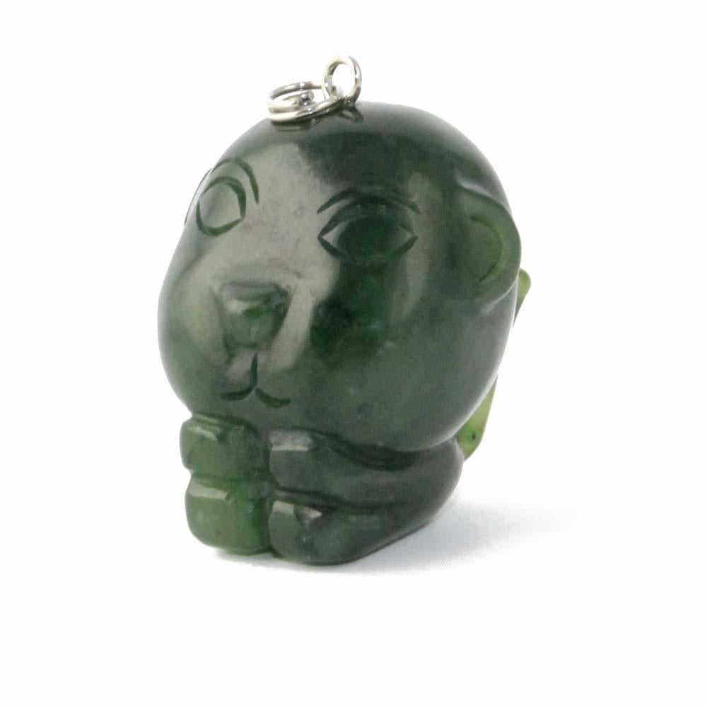 Cartoon monkey charm carved from dark green jade with a top hanging loop