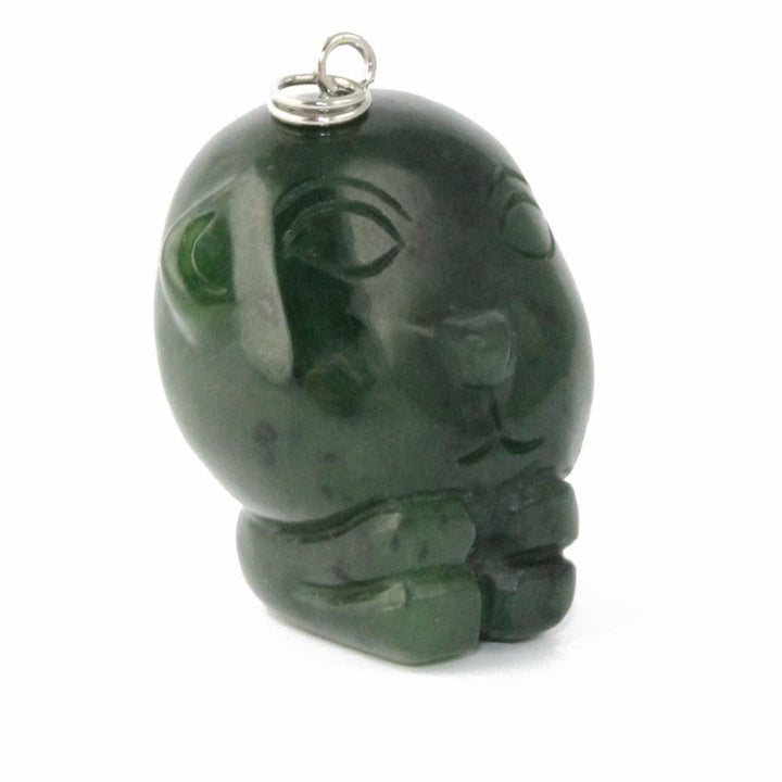 Three quarter view of green jade monkey charm with loop at top