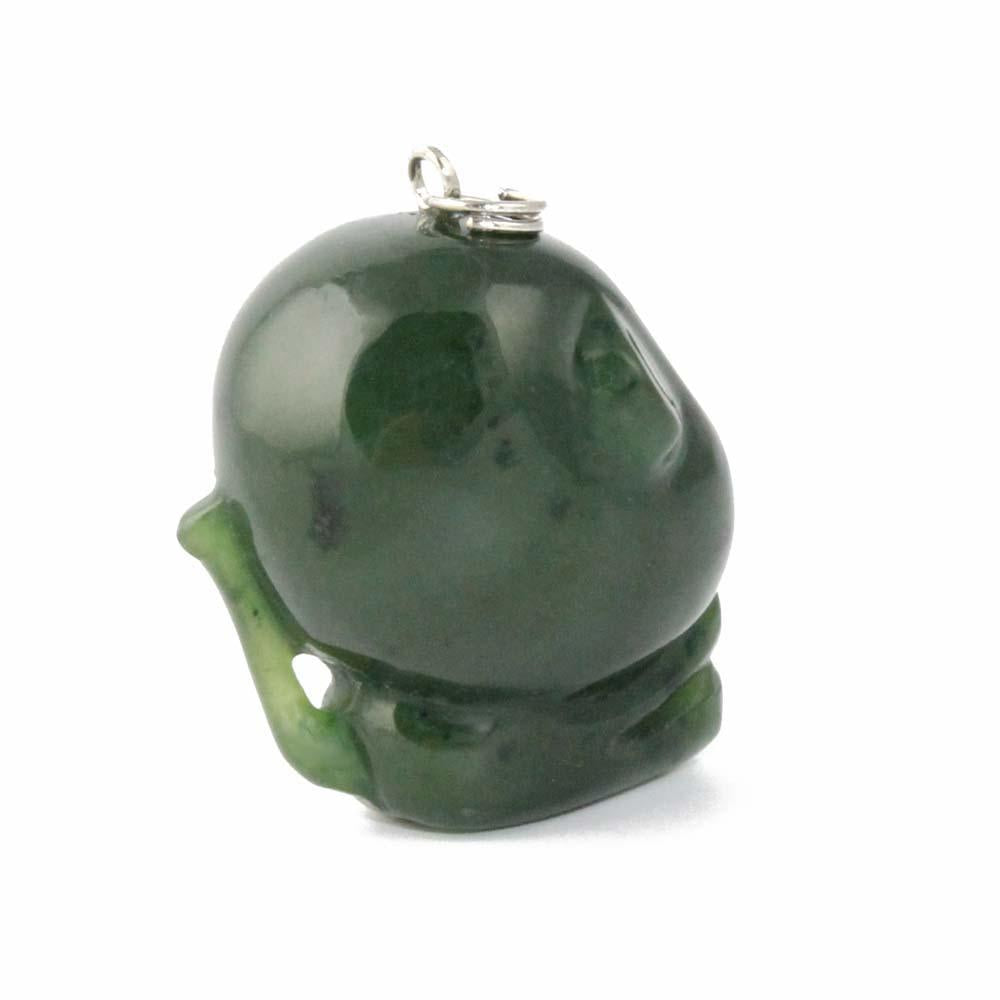 Side view of dark green jade monkey charm with hanging loop