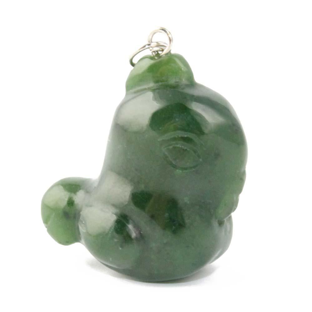 Side view of a green rooster charm with a silver attachment loop