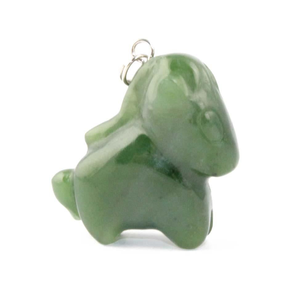 Green jade cartoon horse pendant charm with a metal loop for hanging.