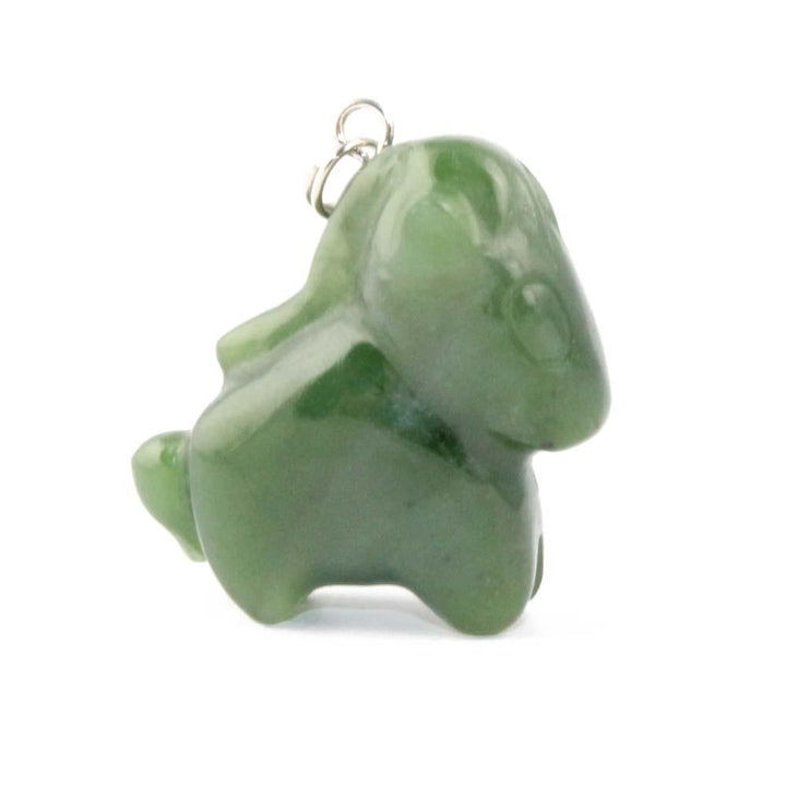Green jade cartoon horse pendant charm with a metal loop for hanging.