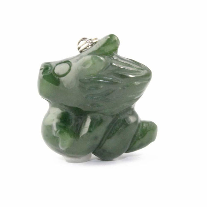 Green jade cartoon dragon charm pendant with a metal loop