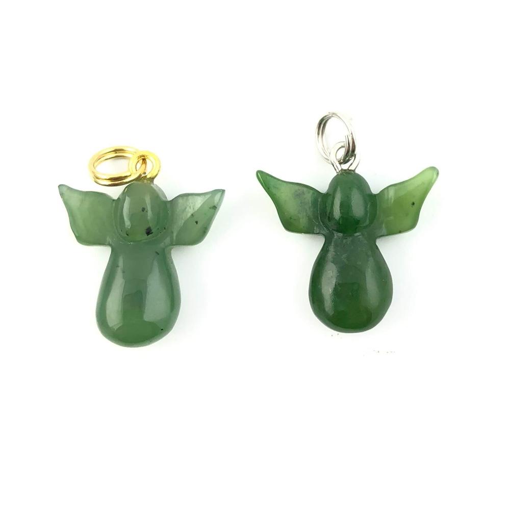 Two green angel charms carved from jade with wings outstretched, one with a gold loop and one with a silver loop.