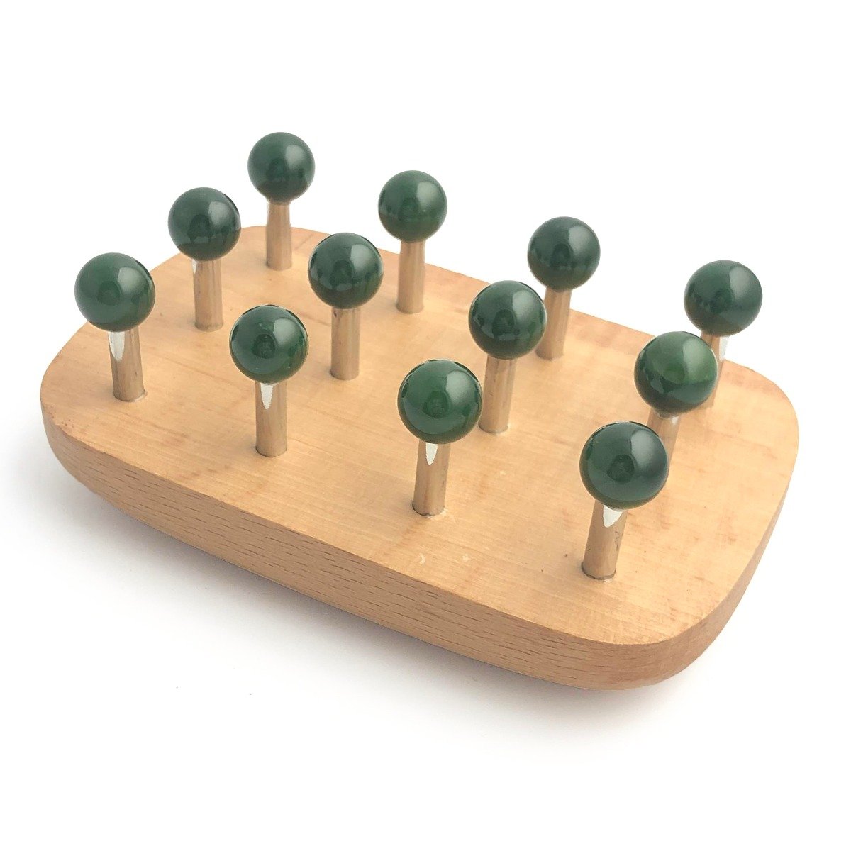 New Massage Tool 4411 wooden base with green knob balls on metal pegs arranged in rows