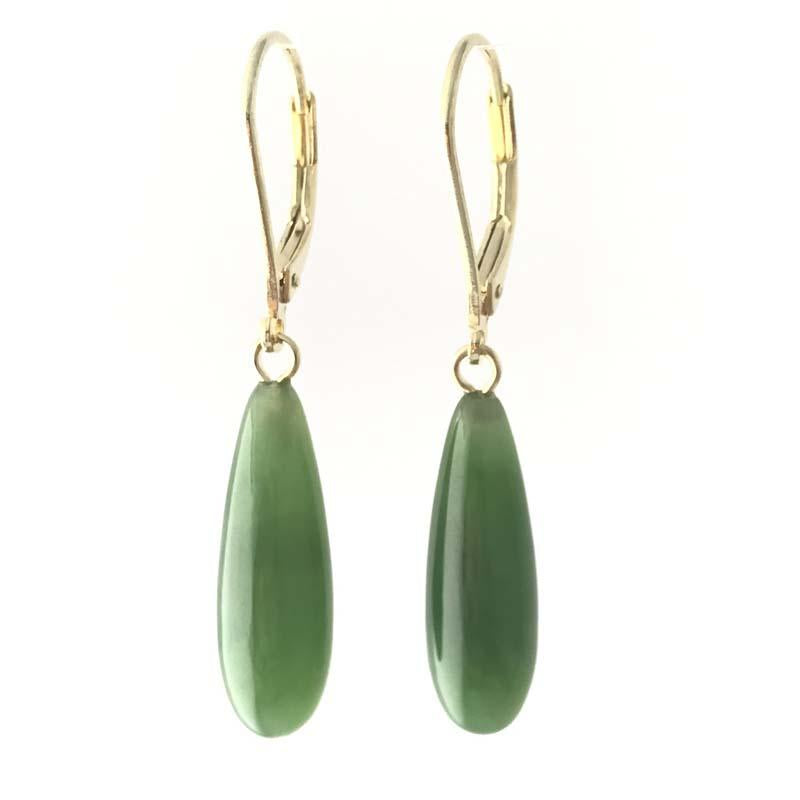 Green jade teardrop earrings with gold-tone lever-back hooks
