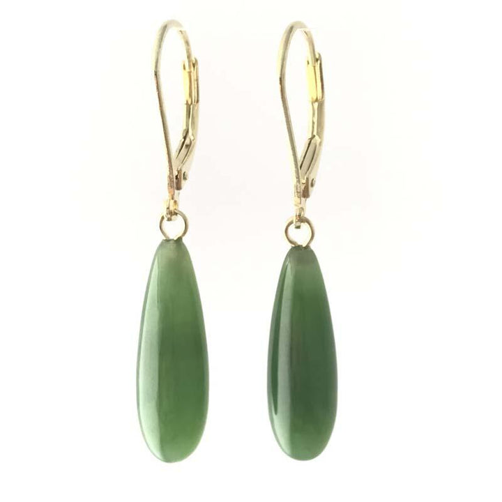 Green jade teardrop earrings with gold-tone lever-back hooks