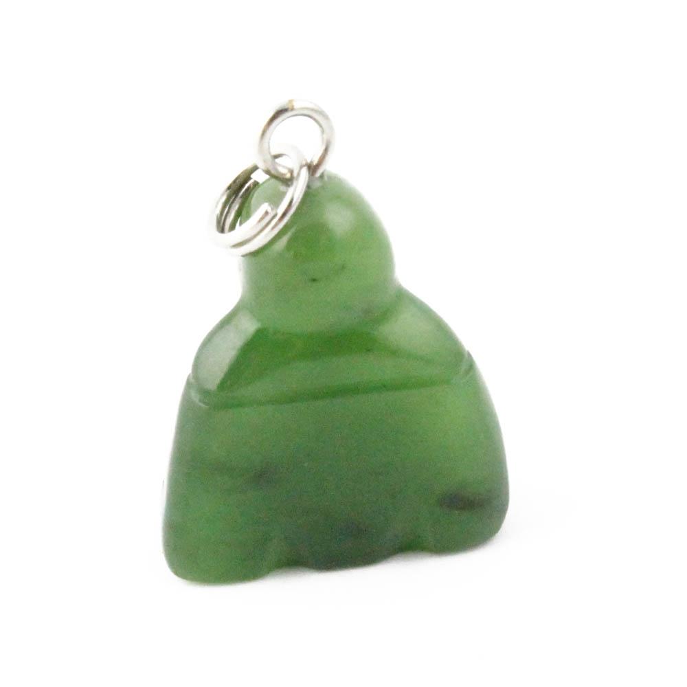 Green jade Buddha pendant with metal loop on white background