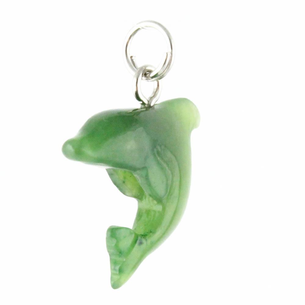 Green dolphin charm pendant with a silver loop for a bracelet