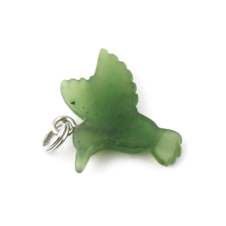 Side view of green jade hummingbird charm with scalloped wing details