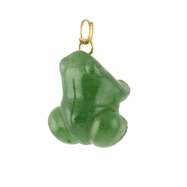 Angled side view of green frog charm with gold loop for necklace