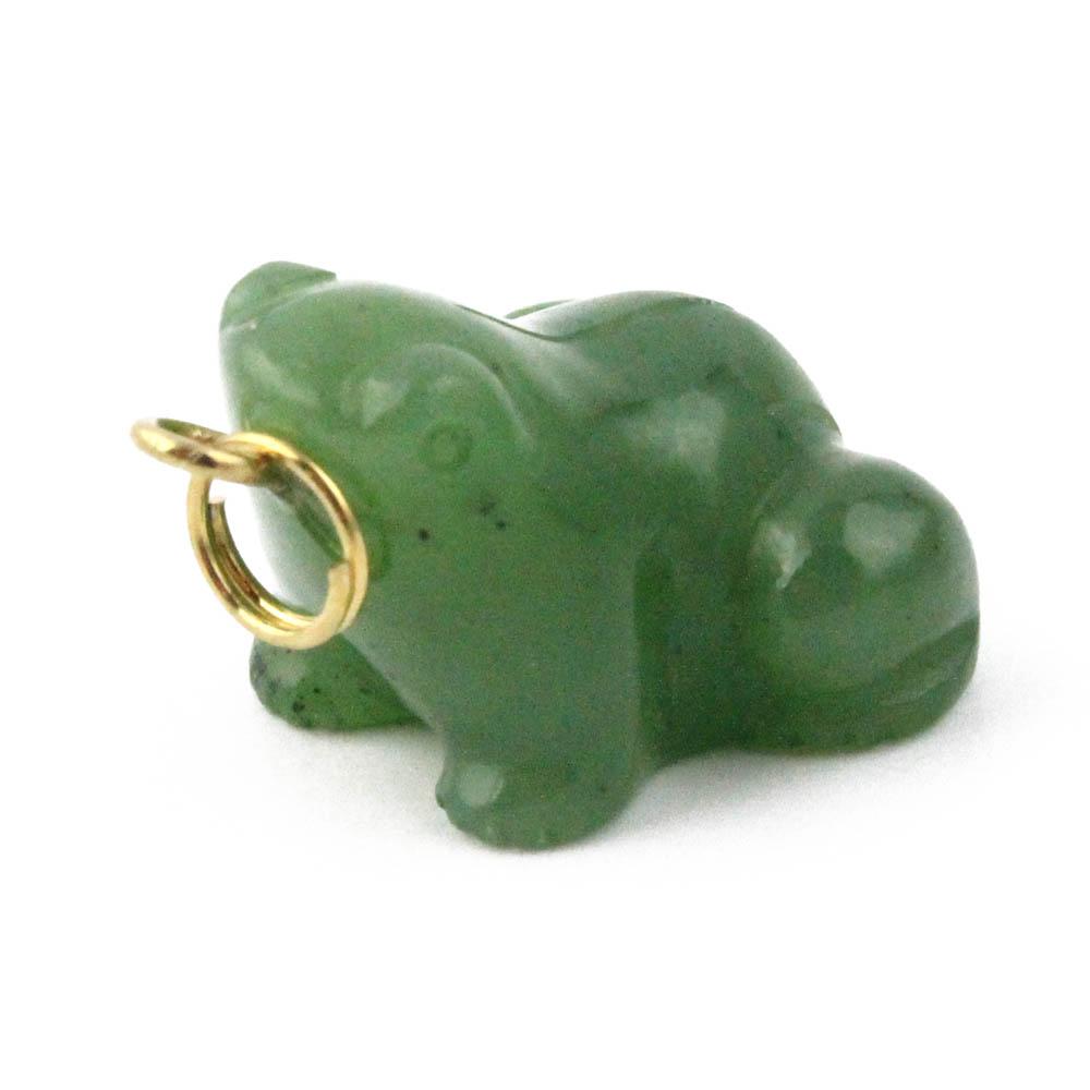 Side view of a green frog charm with a gold jump ring attached