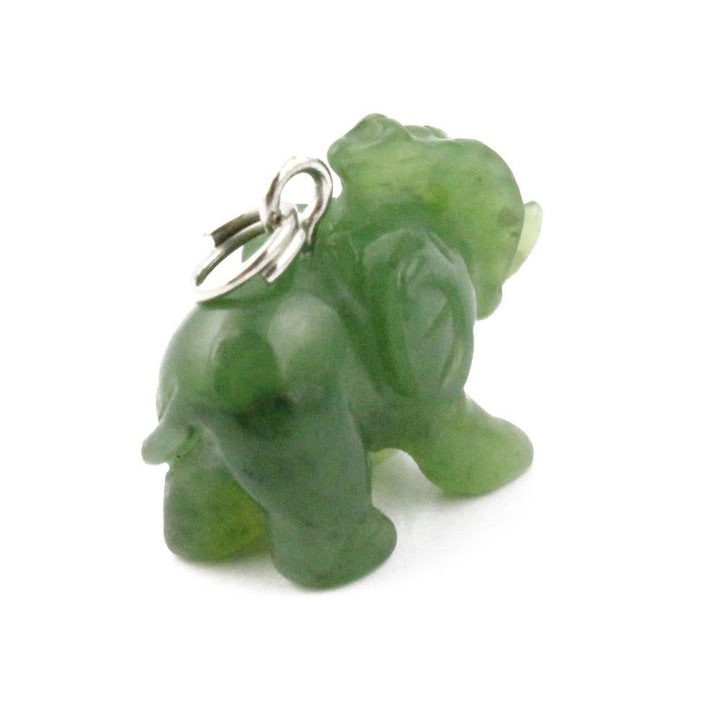 Side view of green jade elephant charm with a loop at the top
