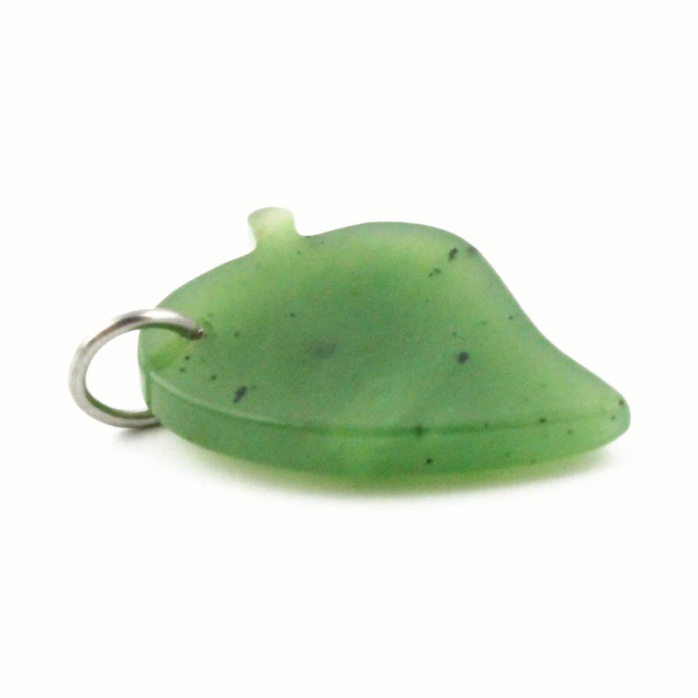 Green jade leaf charm with a silver loop