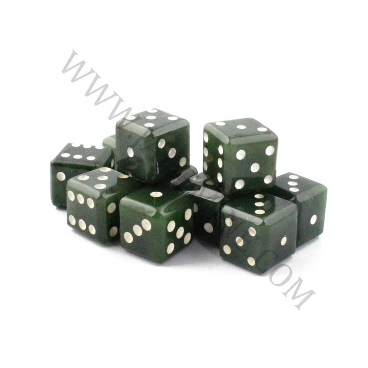 Cluster of green jade dice with white pips on a white background