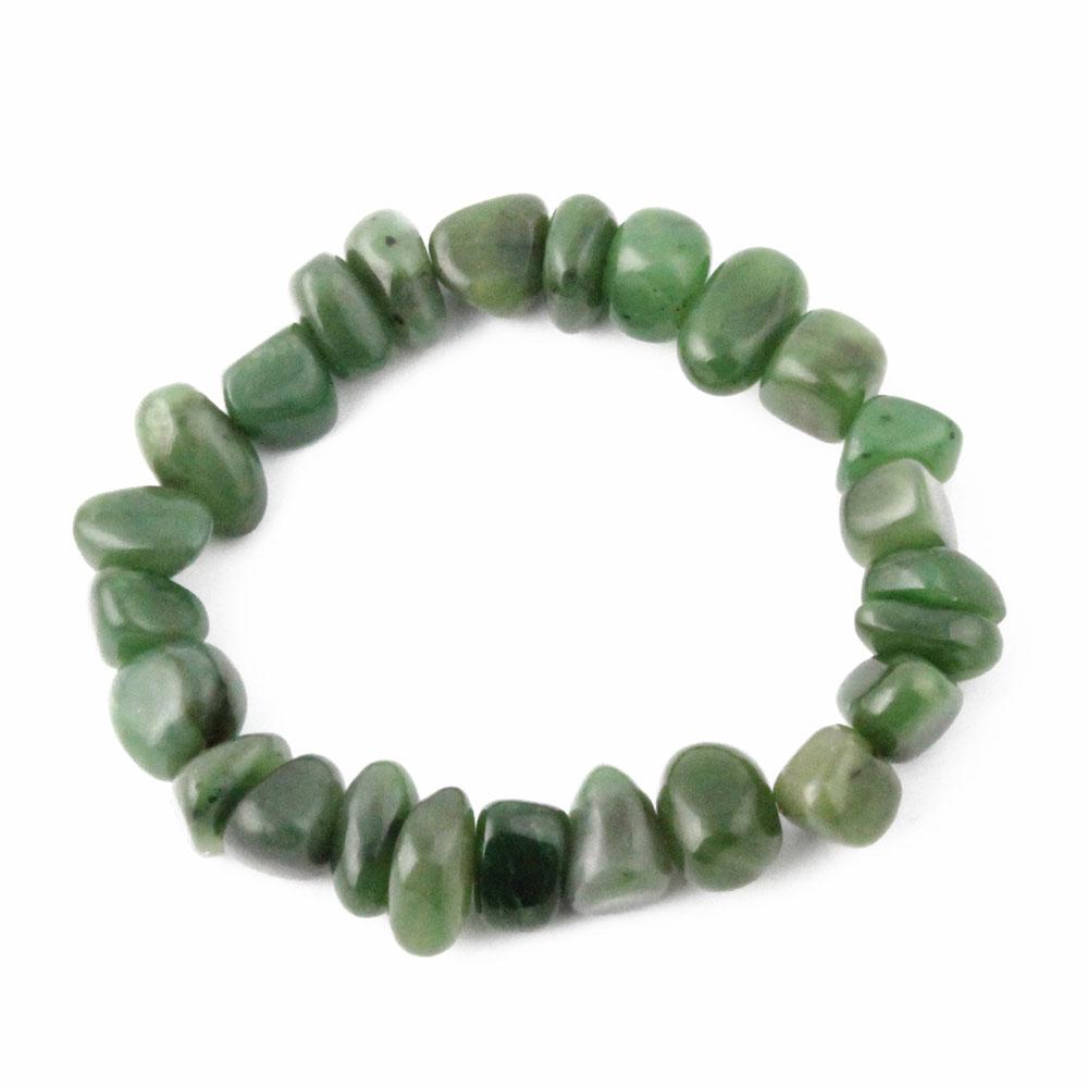 Green jade nugget bracelet with irregular chip beads laid in a circle on white background.