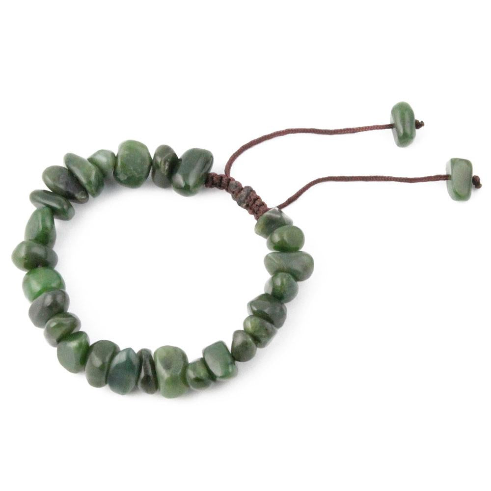 Green nugget bead bracelet with brown adjustable pull closure