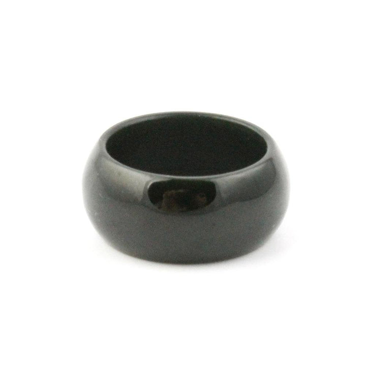 Wide glossy black jade ring with a smooth rounded band