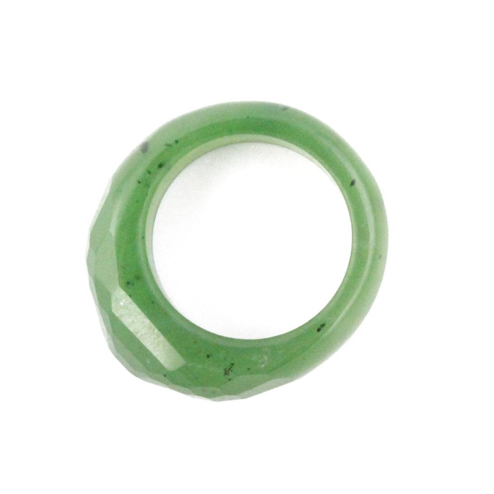 Side view of green faceted band ring showing geometric facets along the outer edge