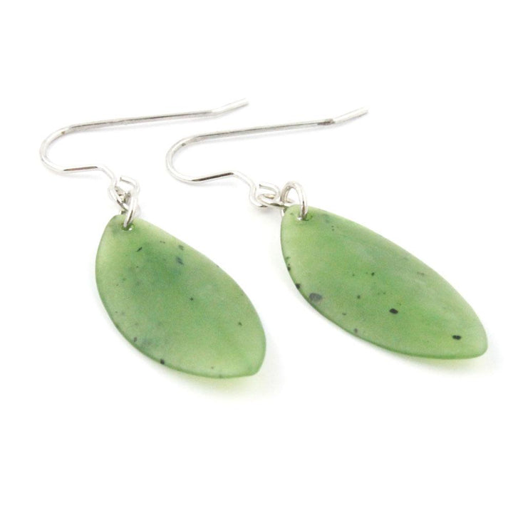 Pair of green leaf shaped gemstone earrings with silver hooks