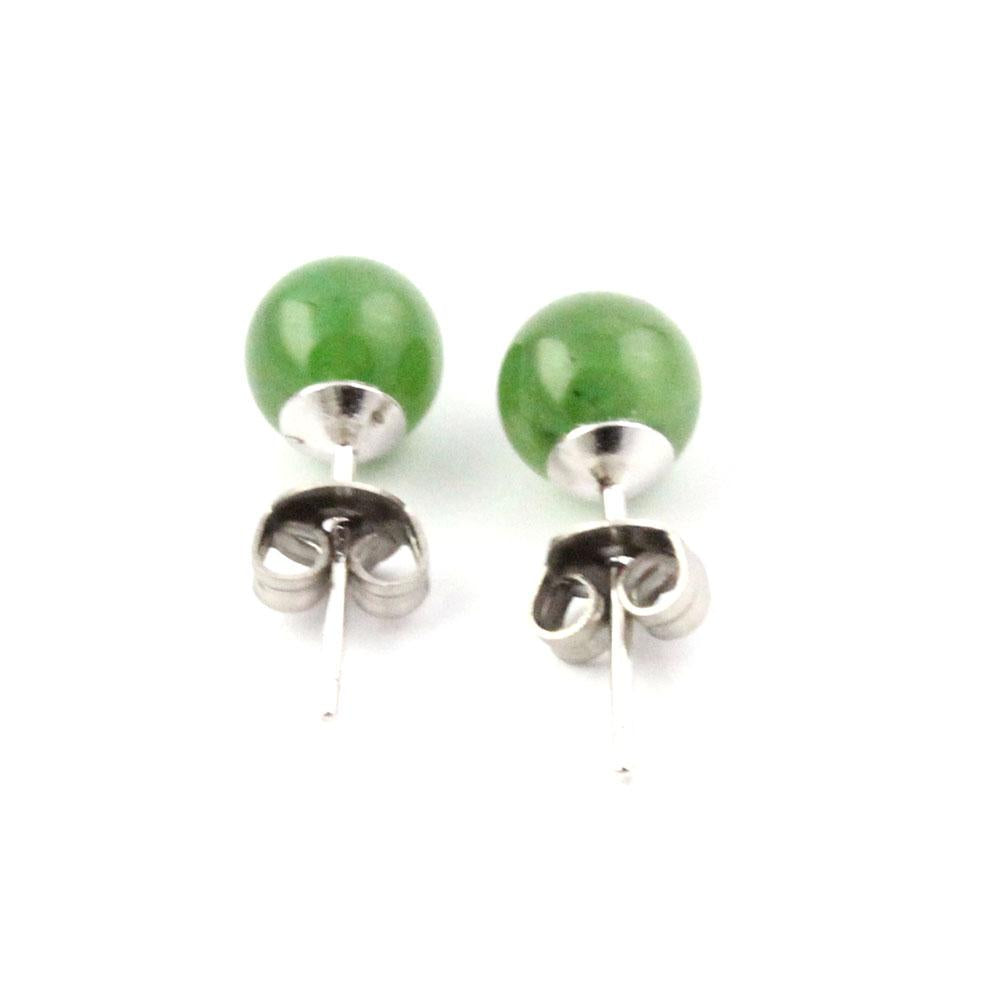 Green round gemstone stud earrings with silver posts and butterfly backs