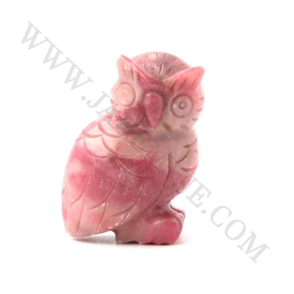 Pink rhodonite carved owl figurine with detailed feather patterns