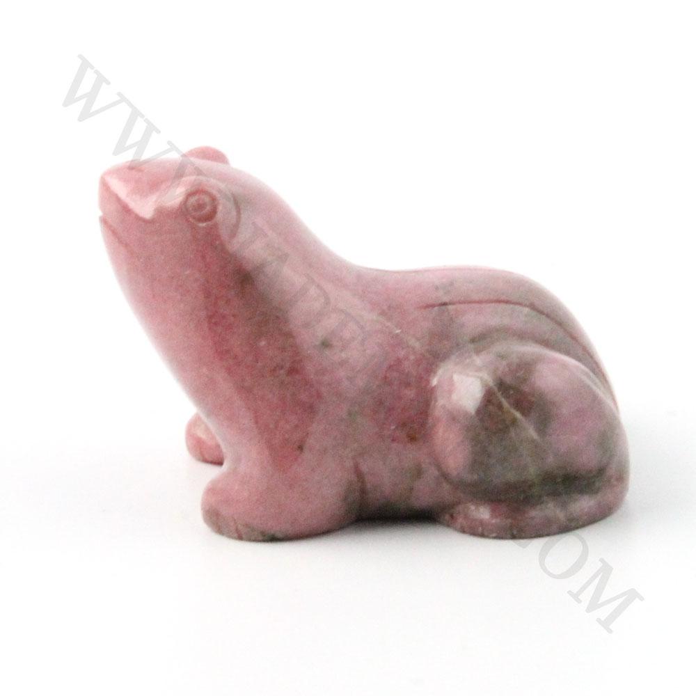 Pink rhodonite frog sculpture shown in side profile