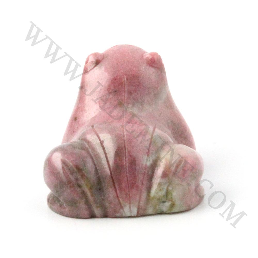 Front view of pink rhodonite frog figurine