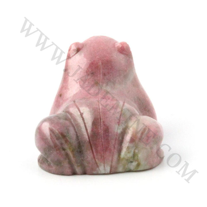 Front view of pink rhodonite frog figurine