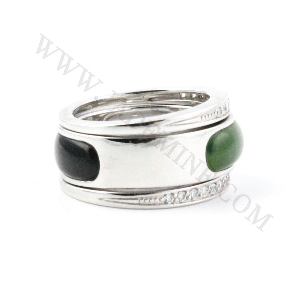 Sterling silver multi band ring with green and black nephrite jade cabochons and a row of small diamonds